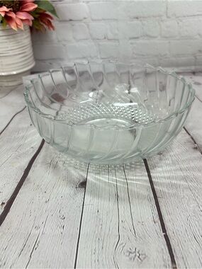 vtg KIG Indonesia Glass Serving Bowl embossed Christmas tree swirl cross hatch